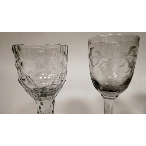 12 - Four late 18thC cordial glasses with variously patterned stems  4.25