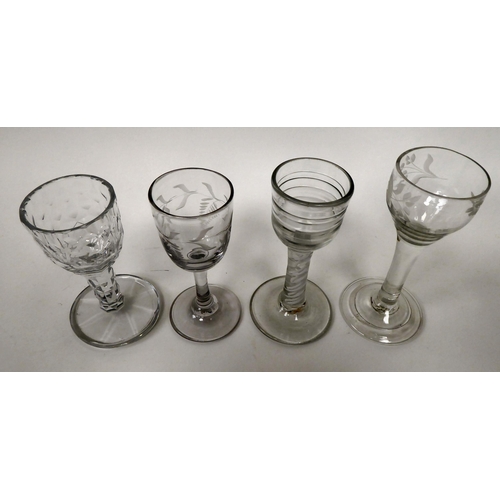 12 - Four late 18thC cordial glasses with variously patterned stems  4.25