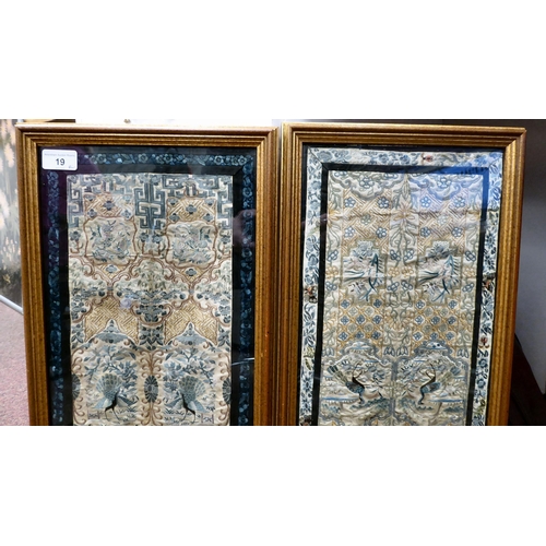 19 - A pair of Chinese embroidered silk sleeve panels, variously featuring exotic birds, insects and othe... 