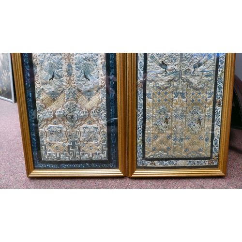 19 - A pair of Chinese embroidered silk sleeve panels, variously featuring exotic birds, insects and othe... 