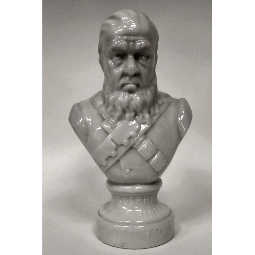 190 - A Paul Kruger opaque white glass bust, on a circular socle  inscribed 'Guerre aux Tyrans'  8