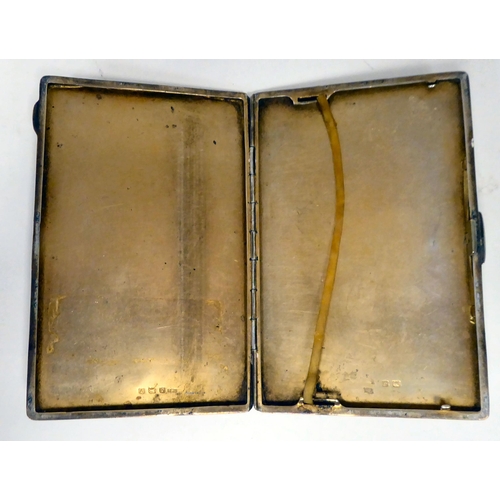 191 - A silver folding cigarette case with engine turned decoration, on a button clasp  R&D ... 