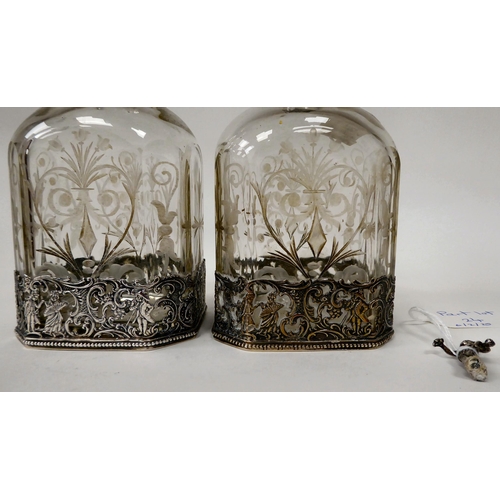 24 - A pair of 19thC finely engraved, shouldered, chamfered, square cut glass perfume bottles, overlaid a... 