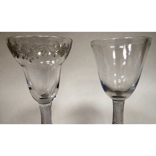 3 - Two late 18thC cordial glasses, each with a cotton air twist stem  6.5