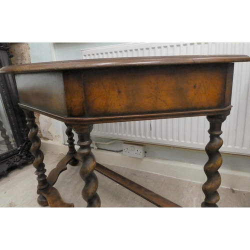 331 - An early 20thC marquetry inlaid oak and walnut demi-lune console table, raised on barleytwist legs  ... 