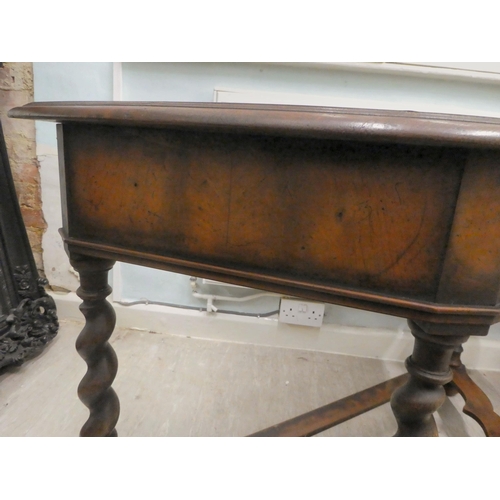 331 - An early 20thC marquetry inlaid oak and walnut demi-lune console table, raised on barleytwist legs  ... 