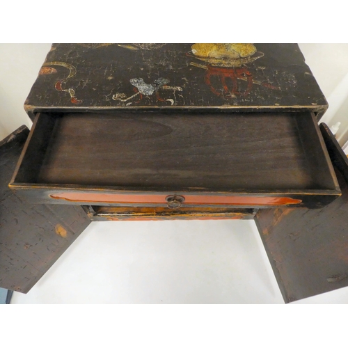 333 - An 18thC Chinese black lacquered and overpainted officials table top cabinet with two doors, decorat... 