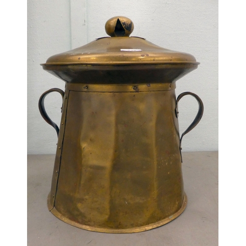 335 - An Arts & Crafts brass finished coal bin with opposing scrolled handles  17