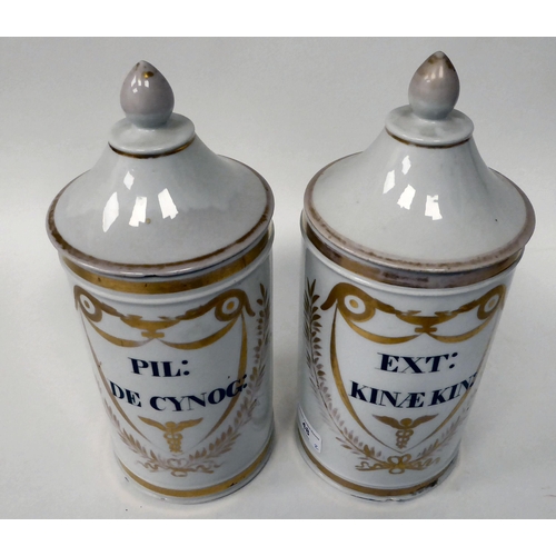 48 - A pair of porcelain cylindrical drug jars and covers, decorated in black, white and gilding with ins... 