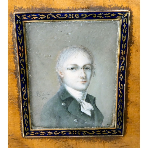 53 - A pair of 19thC Continental portrait miniatures, respectively featuring a young man wearing a topcoa... 