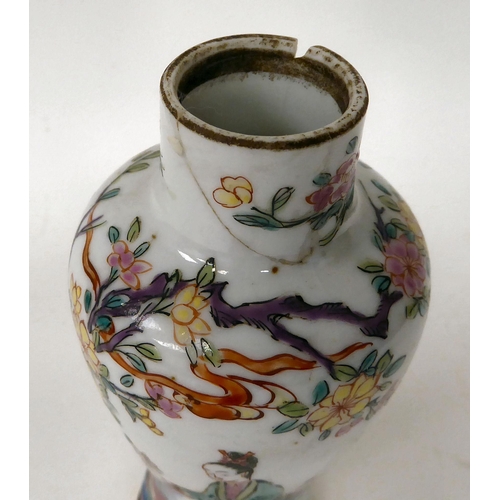 59 - A 19thC Japanese porcelain vase of waisted baluster form, decorated in colours with figures and blos... 