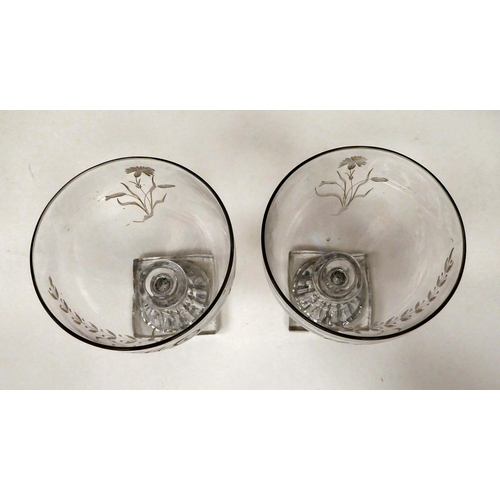 6 - A pair of late 18thC glass rummers, each with a monogrammed bowl, on a square foot  5.5