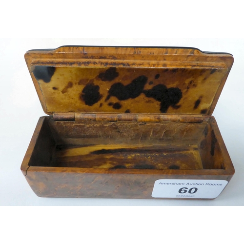 60 - A 19thC figured walnut and tortoiseshell lined snuff box with a flush fitting hinged lid