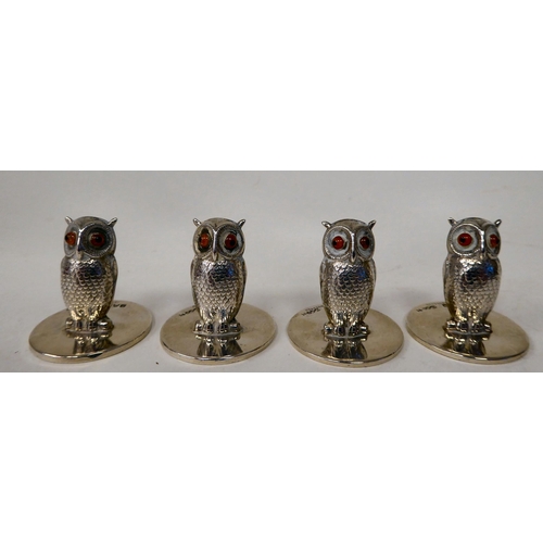 63 - A set of four silver owl menu holders  Sampson Mordan  Chester 1907; and a pair of later, ... 