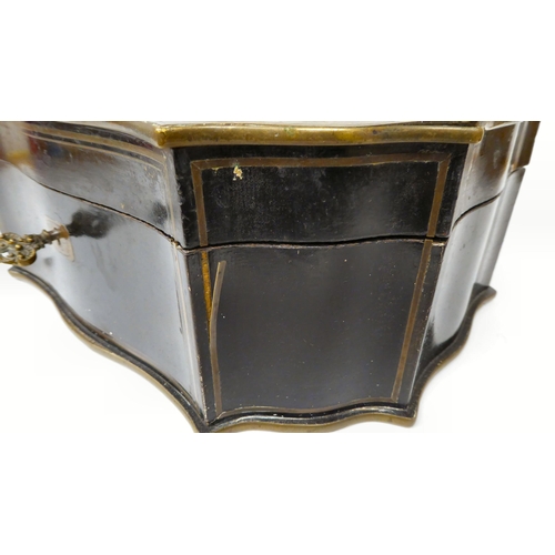 64 - A 19thC French black lacquered and boulleworked, serpentine outlined jewellery casket, the hinged li... 