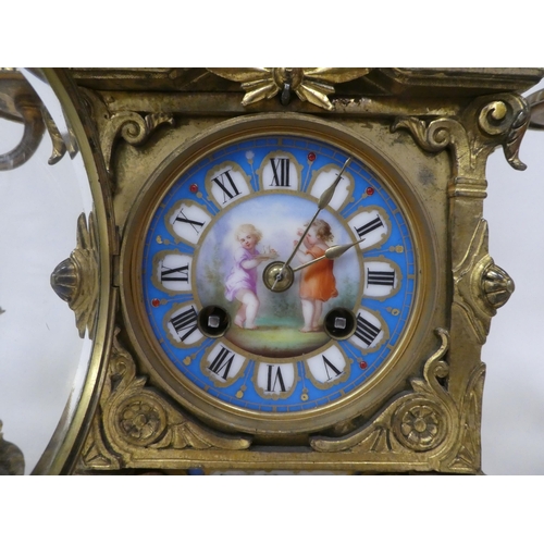 1 - A circa 1880 French gilt brass cased, three piece clock garniture, set with overpainted porcelain pl... 