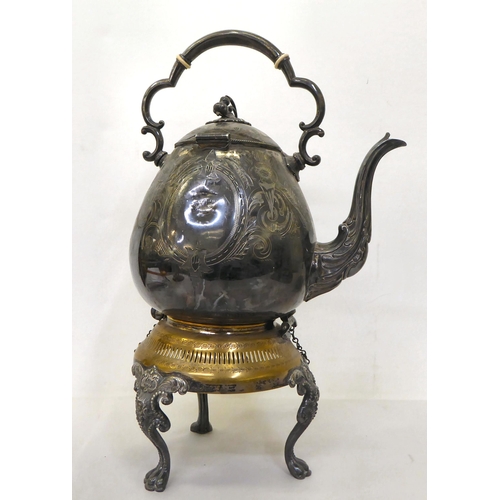 113 - A mixed lot: to include a late Victorian silver plated spirit kettle and stand, raised on scrolled f... 