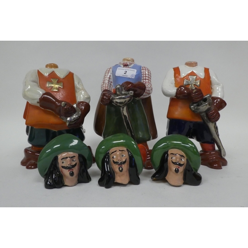 2 - Three 20thC Torino of Italy pottery decanters, fashioned as musketeers  9