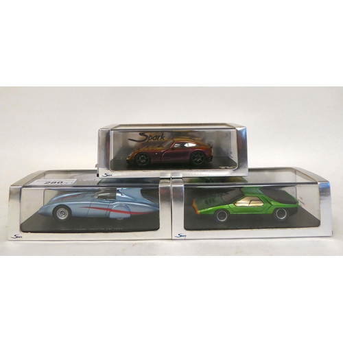 280 - Three Spark scale models, viz. a 1970s Alfa Romeo Carabo; a TVR Sagans 2005; and an Austin Healey 10... 