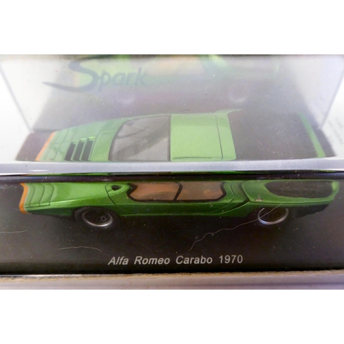 280 - Three Spark scale models, viz. a 1970s Alfa Romeo Carabo; a TVR Sagans 2005; and an Austin Healey 10... 