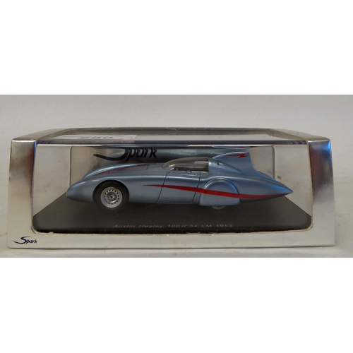 280 - Three Spark scale models, viz. a 1970s Alfa Romeo Carabo; a TVR Sagans 2005; and an Austin Healey 10... 