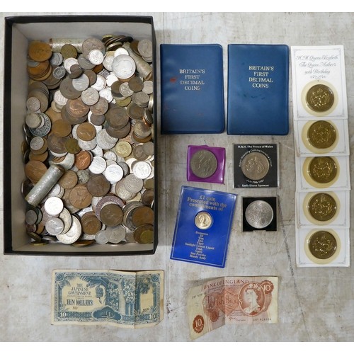 284 - Coins: to include uncollated British pre-decimal coins; a George VI 5/- piece; post decimal £5... 