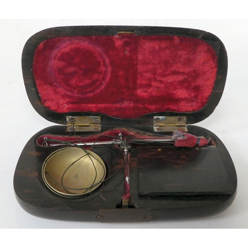 299 - A 19thC pocket size hardwood cased, polished steel beam balance jewellery scale