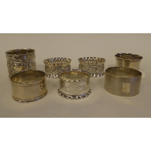 3 - Seven dissimilar silver napkin rings  mixed marks  (approx. gross weight 4ozs)