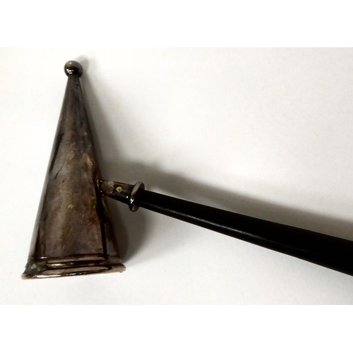 304 - A silver conical shape candle extinguisher, on a turned and ribbed, ebonised handle  Mappin & We... 