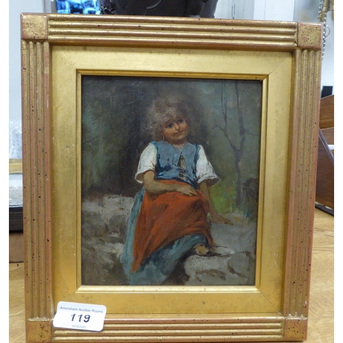 305 - In the manner of Paulo Michetti - a girl seated on a wall  oil on board  6.5