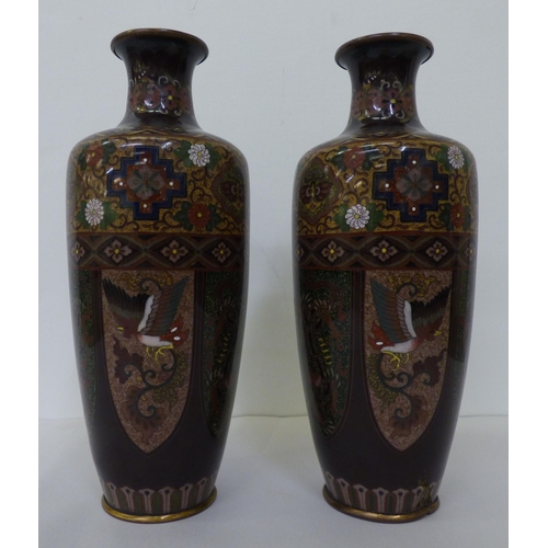 319 - A pair of early 20thC Chinese cloisonné vases, decorated with birds and flora  9.75