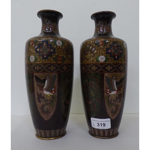 319 - A pair of early 20thC Chinese cloisonné vases, decorated with birds and flora  9.75