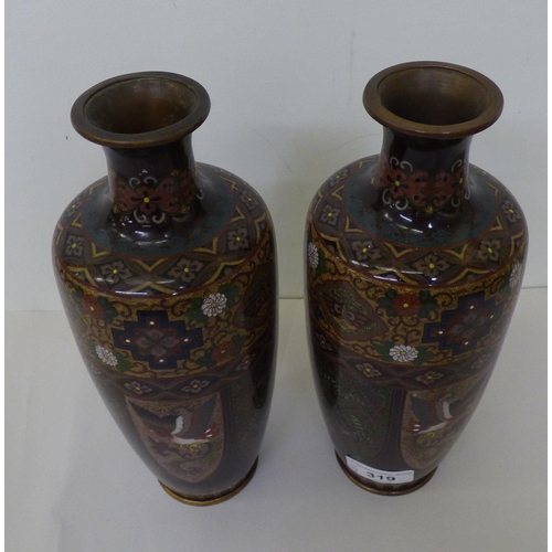 319 - A pair of early 20thC Chinese cloisonné vases, decorated with birds and flora  9.75