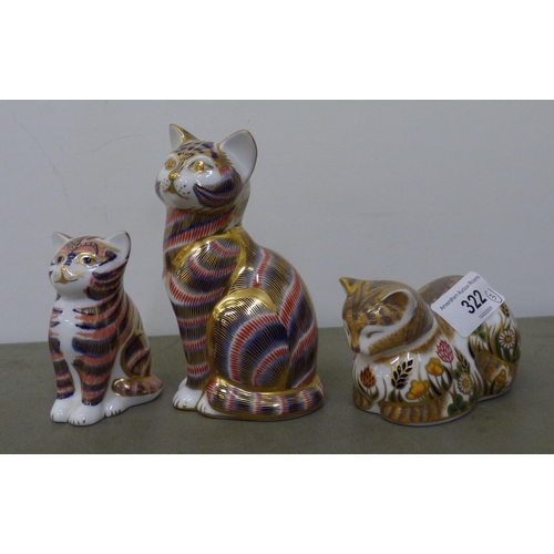 322 - Three Royal Crown Derby china 'Cat' paperweights  largest 5