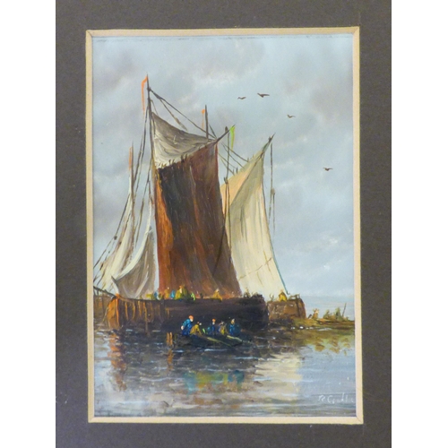 337 - Attributed to Ronald Cavia - a pair of British offshore sailing vessels  oil on board  3.5... 