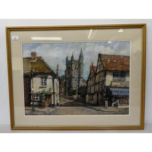 41 - Cedric Dawe - 'Church Street, Old Amersham'  watercolour & crayon  bears a signature &... 