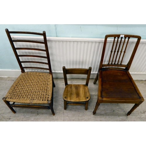 345 - Three chairs, viz. a child's beech framed, dated 1933; a stained beech framed side chair; and anothe... 