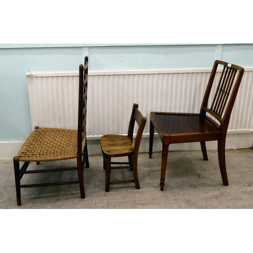 345 - Three chairs, viz. a child's beech framed, dated 1933; a stained beech framed side chair; and anothe... 