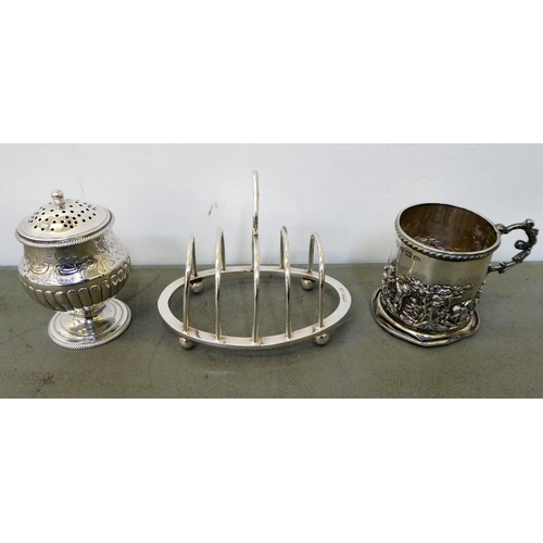 2 - Three silver items, viz. a toast rack; a pepper pot; and a mug  mixed assays & dates  (combined ... 