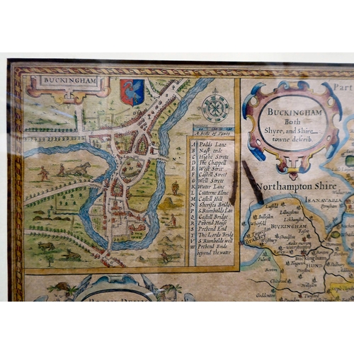 22 - A John Speed coloured county map 'Buckingham both Shyre and Towne describ' incorporating birdseye st... 