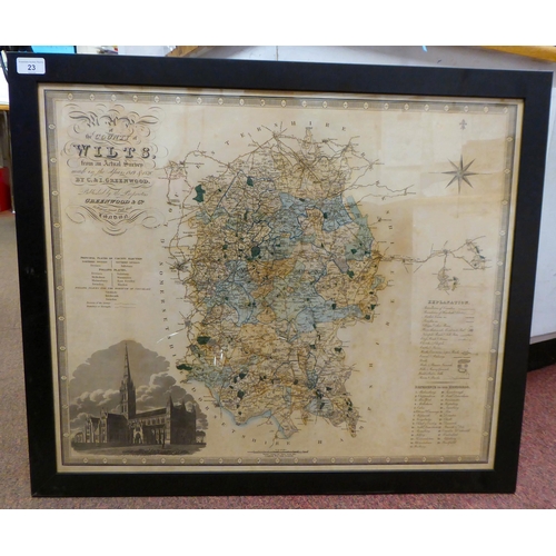 23 - A modern reproduction of a county map 'Wiltshire' incorporating a view of Salisbury Cathedral and re... 