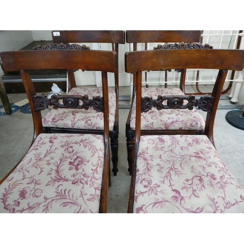 46 - A set of four early Victorian carved mahogany framed, bar back dining chairs, the later fabric uphol... 