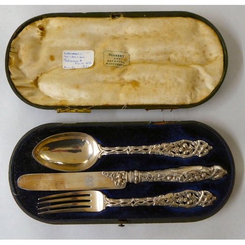 47 - A three piece set, a knife, fork and spoon  London 1856  cased  (approx. combined weight 5ozs)