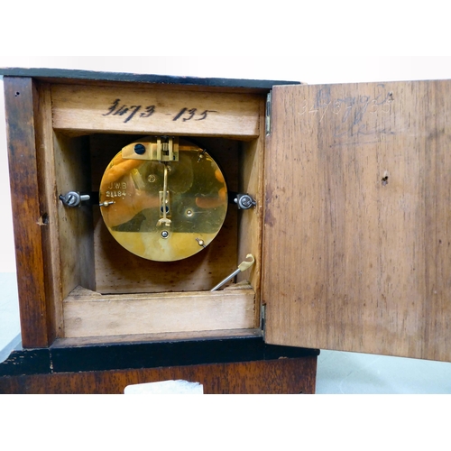 18 - An early 20thC black painted and mahogany cased timepiece; the JW Benson movement faced by a Roman d... 