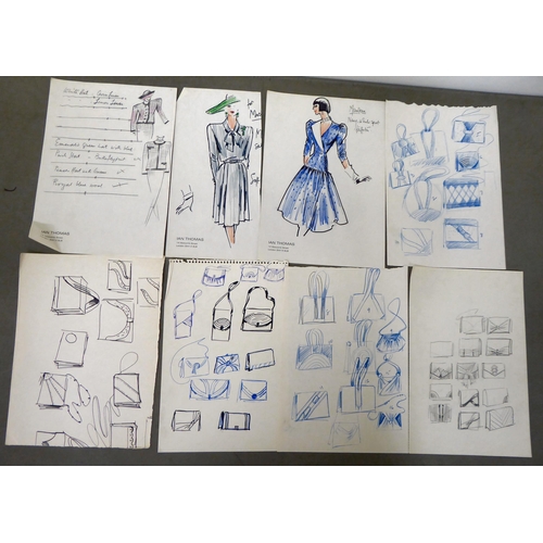 2 - An uncollated collection of fashion blue print sketches and designs, some in colour with annotations... 