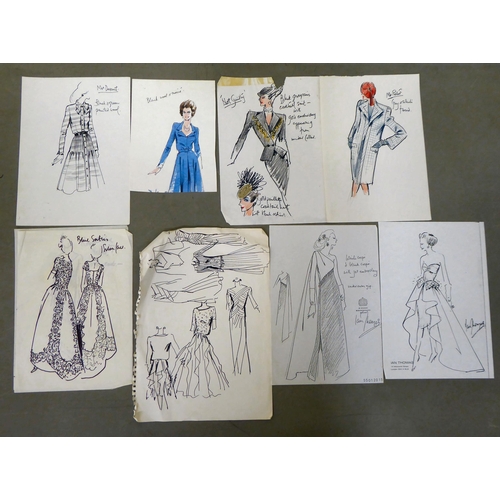 2 - An uncollated collection of fashion blue print sketches and designs, some in colour with annotations... 