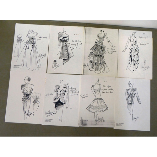 2 - An uncollated collection of fashion blue print sketches and designs, some in colour with annotations... 