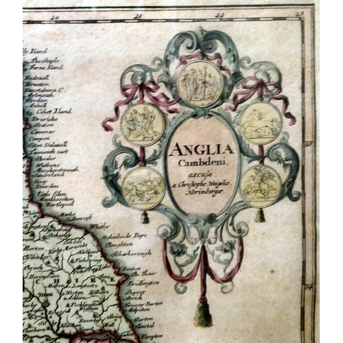 20 - A Christopher Weigel coloured map, Anglia 1718  16