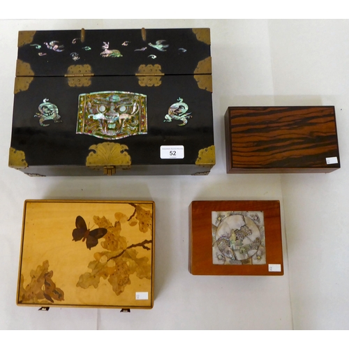 52 - Boxes: to include a modern Chinese fruitwood example, the hinged lid set with a carved mother-of-pea... 