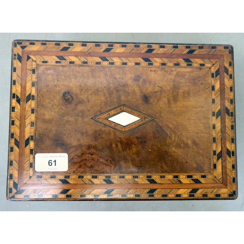 61 - A late Victorian marquetry and walnut sewing box with a hinged lid  5